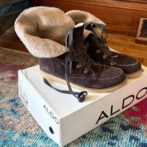 Aldo Dark Brown Suede Lace-Up Ankle Booties with Cream Faux-Shearling Cuff
